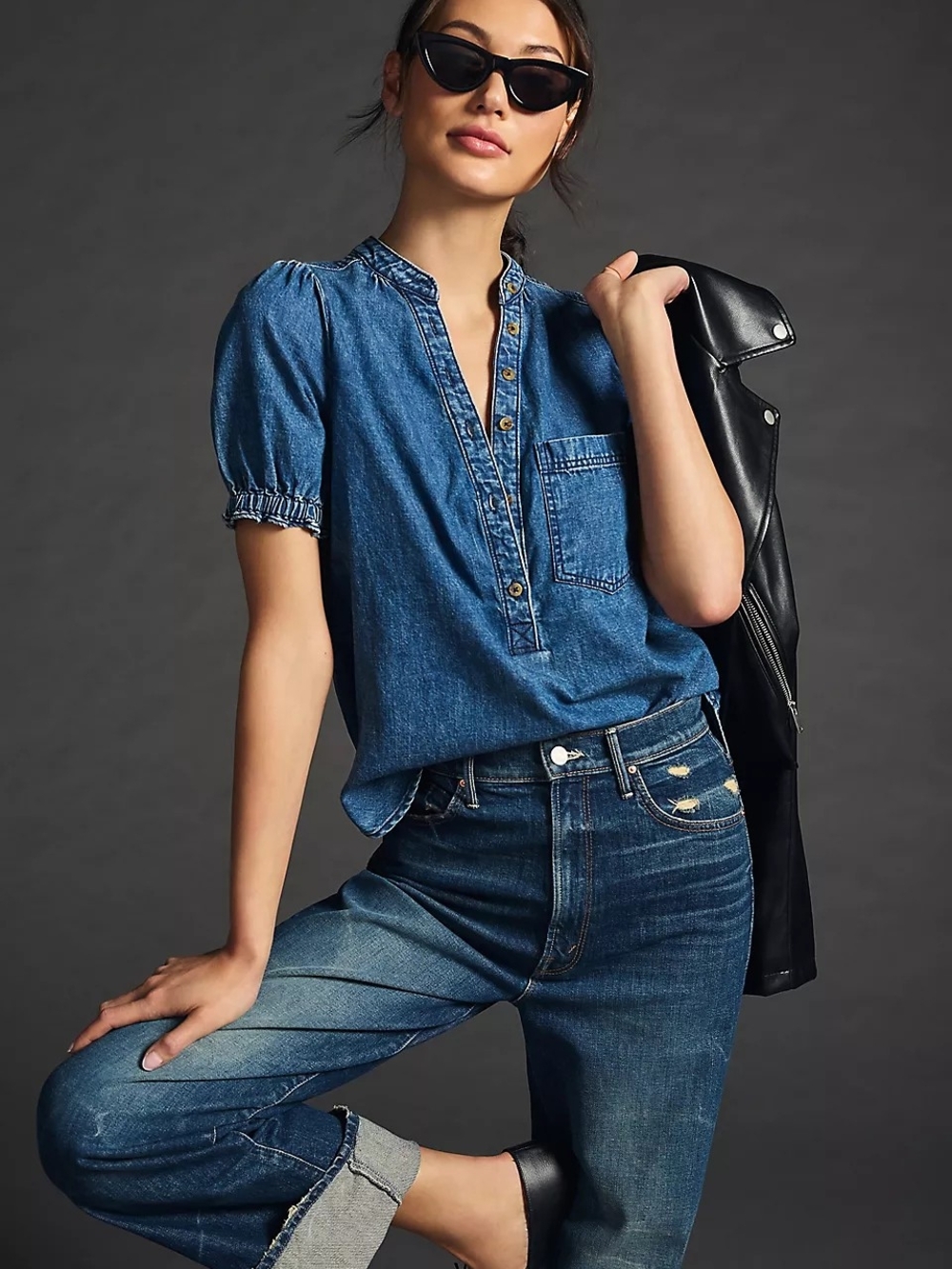 Anthropologie Pilcro Aly Puff-Sleeve oversized Denim Top โ Size XS / S